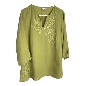 JM Collection Woman 100% Linen Tunic Top Womens 16W Green Beaded 3/4‎ Sleeve